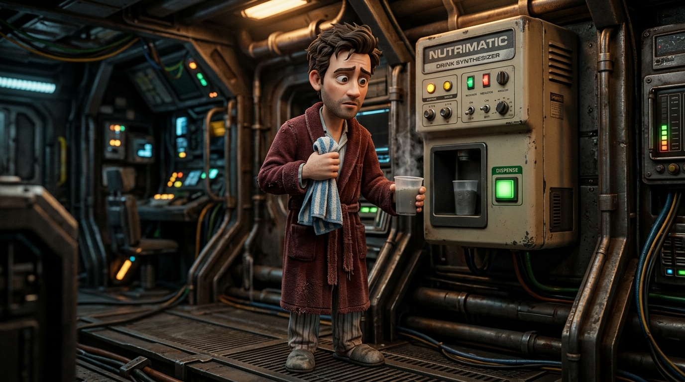 Arthur Dent at the Nutrimatic Drink Synthesizer