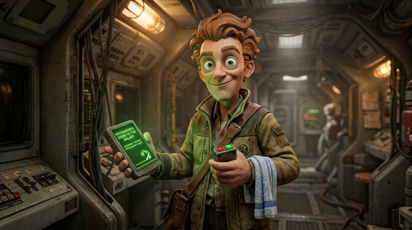 Ford Prefect with the Hitchhiker's Guide and Sub-Etha Sens-O-Matic