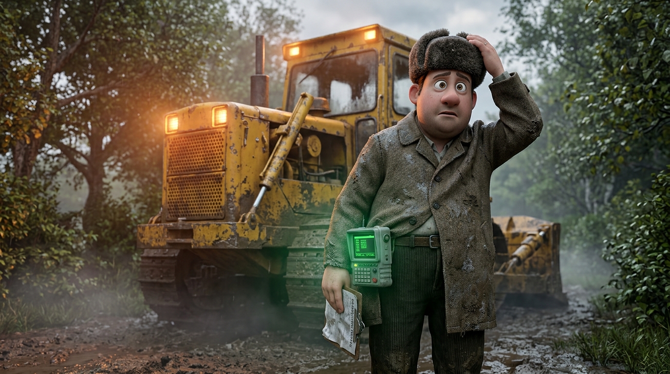 Mr. L. Prosser in the muddy lane ahead of the yellow bulldozer