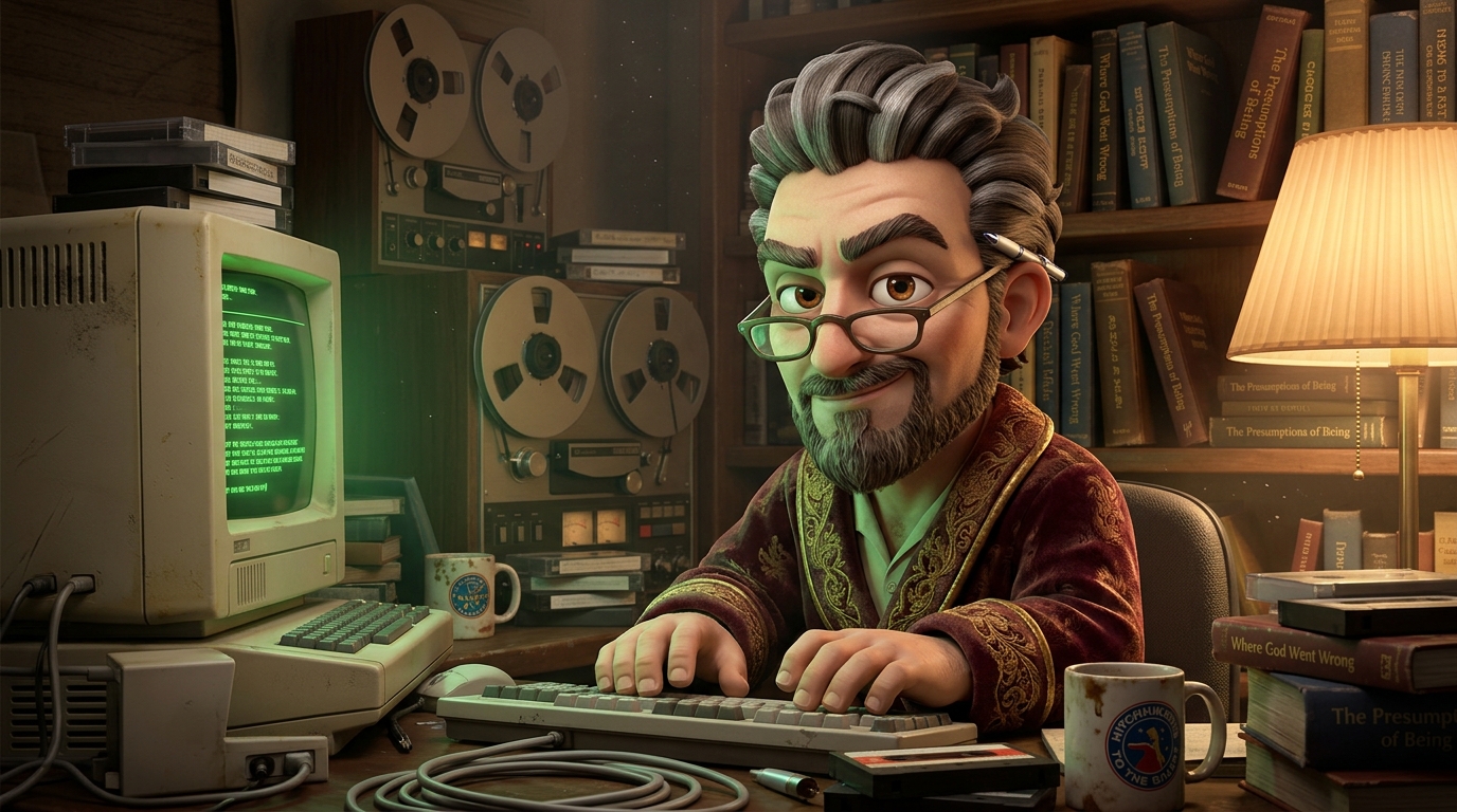 Oolon Colluphid in his cassette-futurist philosophical study