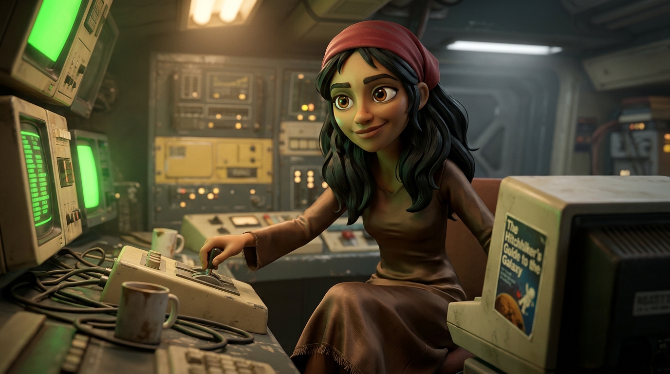 Trillian at the astrogation console aboard the Heart of Gold