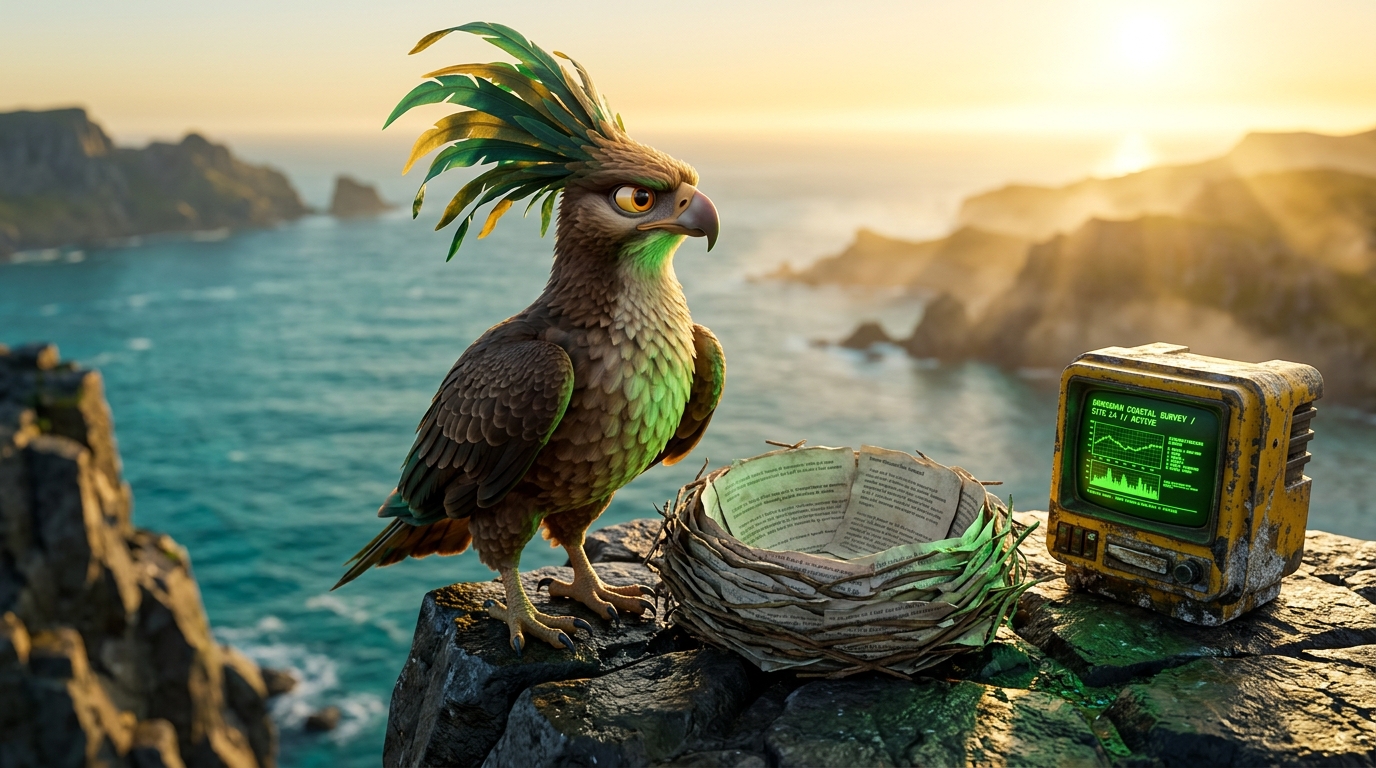 The Damogran Frond Crested Eagle beside its papier-mâché presidential speech nest