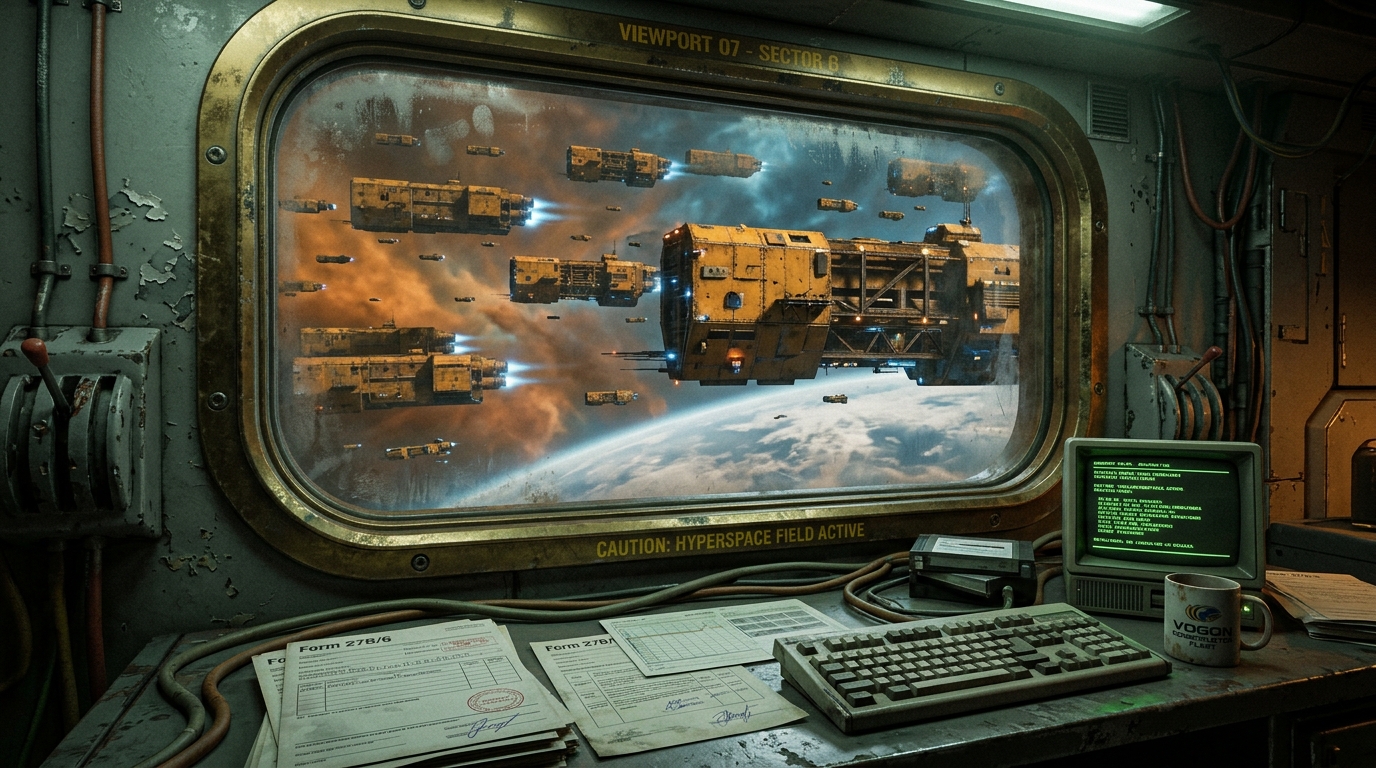 Vogon Constructor Fleet hanging in orbit viewed from the Hyperspace Planning Office